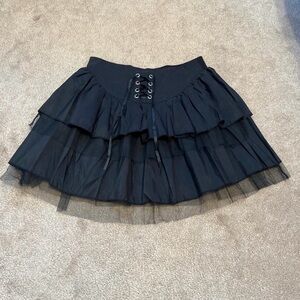 Black Layered Skirt with Lace-Up Detail